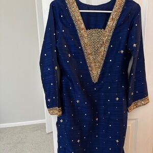Royal blue silk Pakistani suit with gold